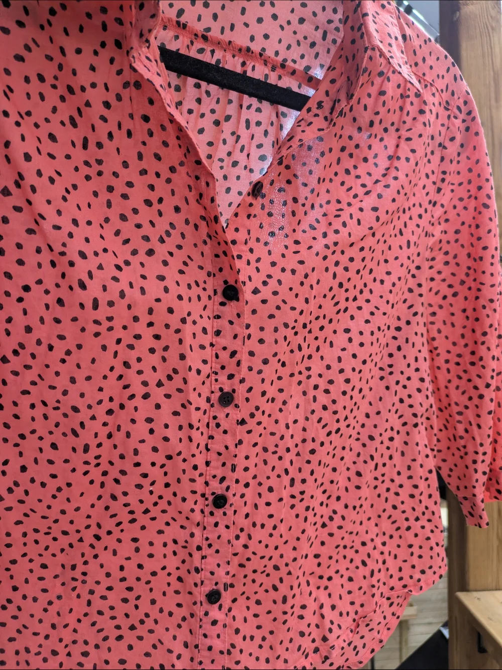 Women’s Coral Pink Button-Down Blouse with Black Dot Print - Picture 3 of 8